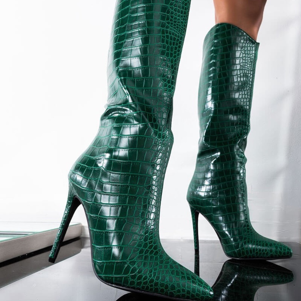 Green Faux Snakeskin Boots